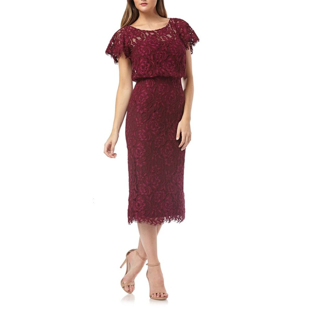 NEW JS Collections Lace Blouson Cocktail Dress Red Berry Ballet Neck Sheath Midi